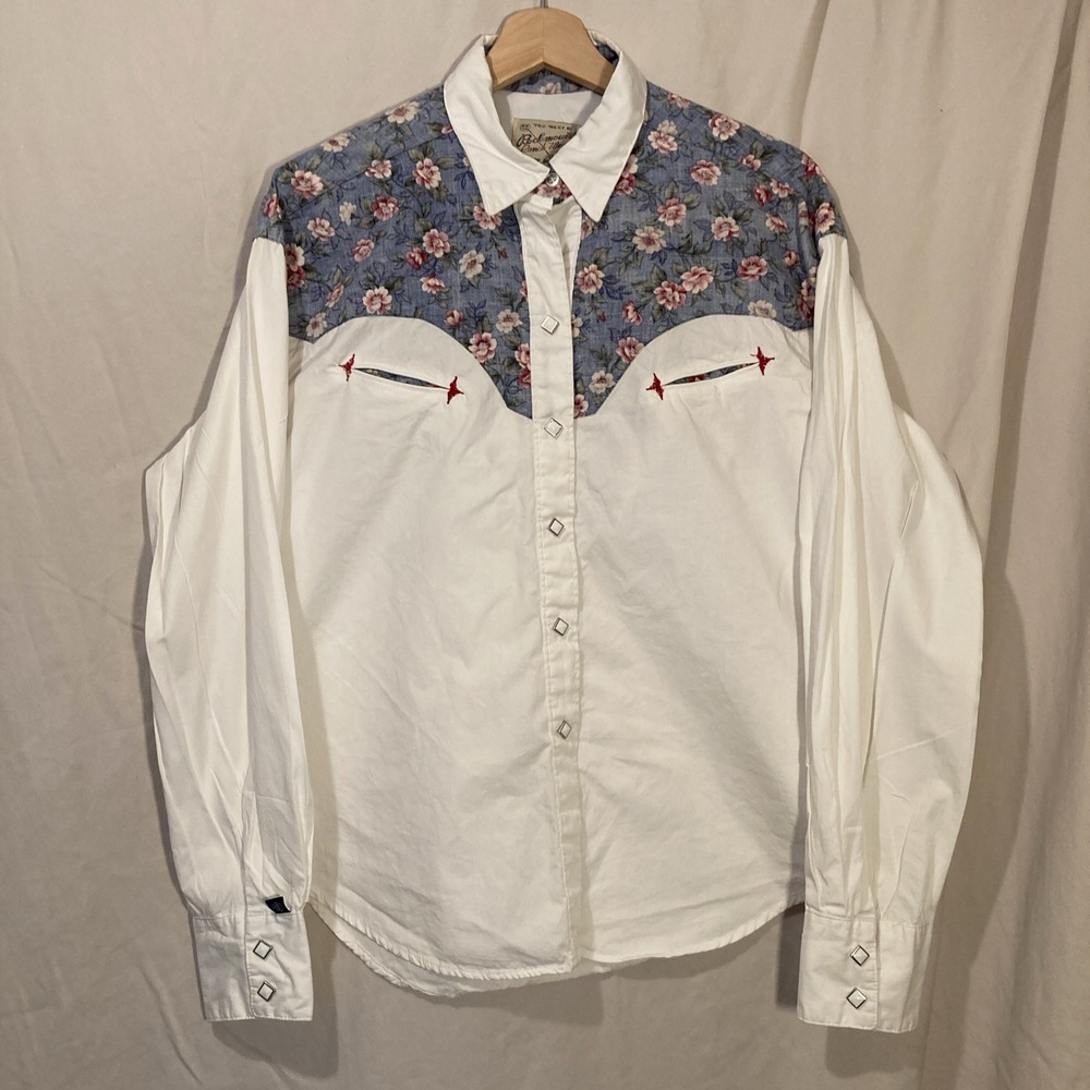 Rockmount Ranch Wear USA VTG Womens Diamond Pearl Snap Shirt L White Floral